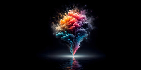 A colorful explosion of smoke above the surface of the dark water against the background