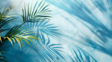 Blurred shadow from palm leaves on the light blue wall. Minimal abstract background for product presentation. Spring and summer 