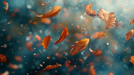 Dance of autumn leaves: a stunning visual feast of swirling red leaves amidst a radiant, glowing backdrop