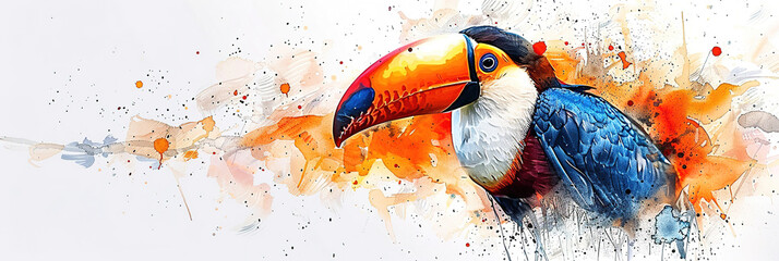 Obraz premium minimalistic watercolor sketch of cute cartoon toucan print for nursery room, with white background