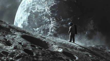 Obraz premium A astranout standing on other planet while wearing space suit and he can see moon from this planet.
