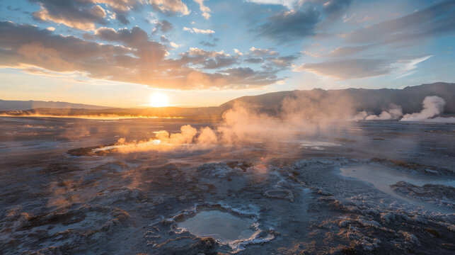 Sunset over a steaming geothermal landscape - Powered by Adobe