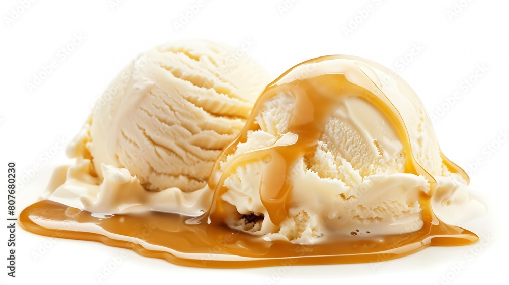 Poster vanilla ice cream with melted caramel sauce isolated on white background : generative ai