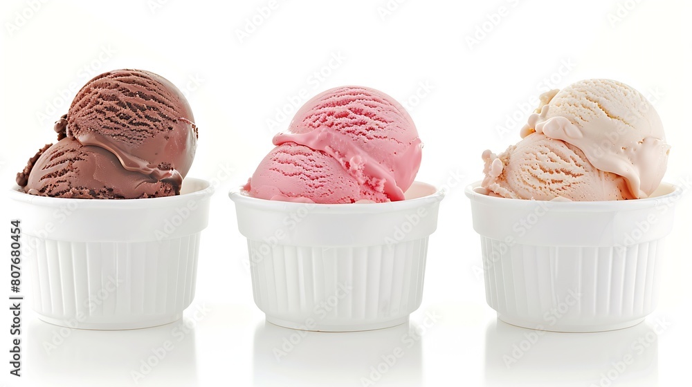 Poster neapolitan ice cream scoops in white cups of chocolate strawberry and vanilla flavours isolated on w