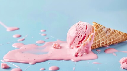 Pink ice cream melting and spilling from the waffle cone on pastel blue background Minimalistic summer food concept : Generative AI