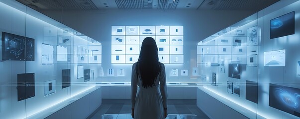 Visualize a mobile app user interacting with holographic product displays in a virtual electronics store The high-tech room features a seamless blend of traditional and futuristic