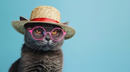 A cat wearing a straw hat and pink glasses is staring at the camera