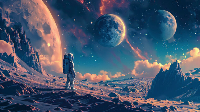 A astranout standing on other planet while wearing space suit and he can see moon from this planet.