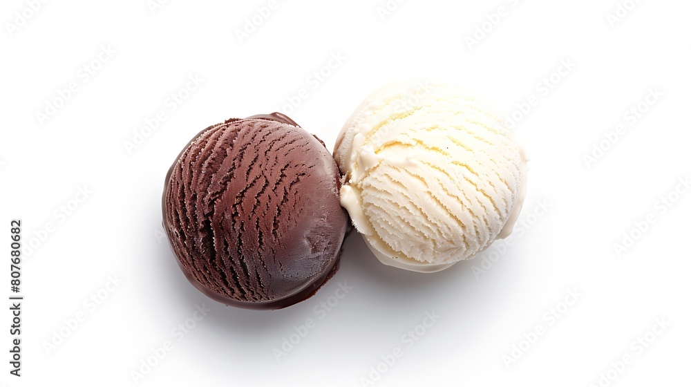 Aufkleber chocolate and vanilla ice cream ball isolated on white background top view : generative ai