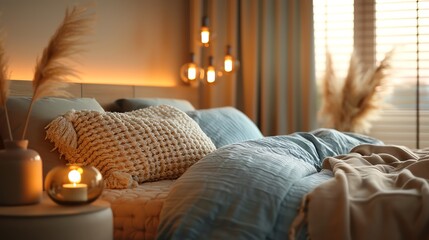 Craft a cozy bedroom setting featuring holographic bedside tables and lighting fixtures that exude a soft