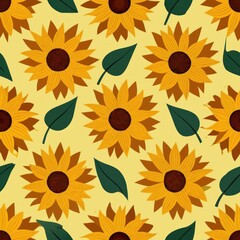 Seamless pattern of sunny sunflowers with golden petals and dark centers, Generative AI