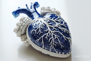 A highly detailed mechanical heart combines biological and technological elements.
White mechanical components resembling an engine contrast with blue veins and arteries.