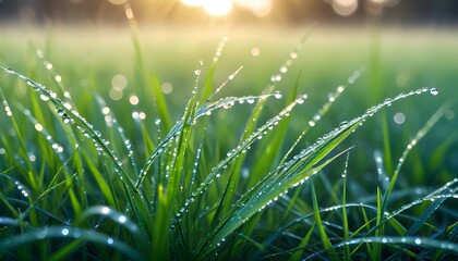 A captivating bokeh photograph, where droplets of water on green blades of grass create a magical effect, transporting you to a wet summer morning in nature. - Powered by Adobe