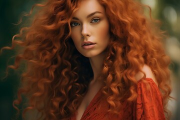 Fototapeta premium The image features a person with vibrant red curly hair as the main focal point. Unfortunately, their face is intentionally blurred out for privacy or ethical reasons.