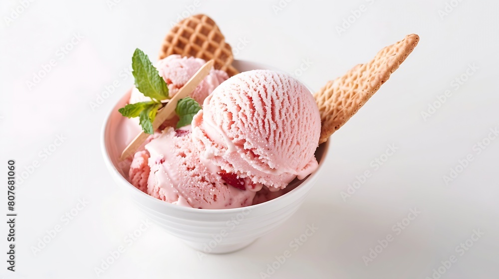 Poster ice cream scoops ice cream in bowl strawberry ice cream with wafer stick in waffle bowl isolated on 