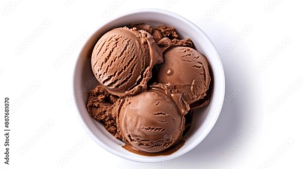 Poster bowl of chocolate ice cream isolated on white background from top view : generative ai