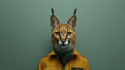 Surreal Portrait of Curious Caracal in Boy Scout Uniform on Moss Green Background