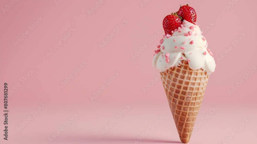 Poster Ice cream cone with strawberry topping on a pink background Copy space : Generative AI