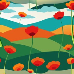 Seamless pattern of vibrant poppies standing tall against a backdrop of rolling hills, Generative AI