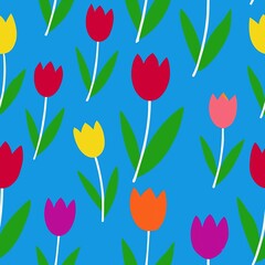 Seamless pattern of vibrant tulips in assorted colors blooming against a bright blue sky, Generative AI