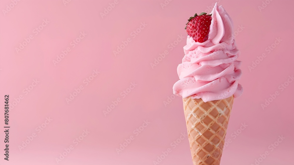 Poster Ice cream cone with strawberry topping on a pink background Copy space : Generative AI