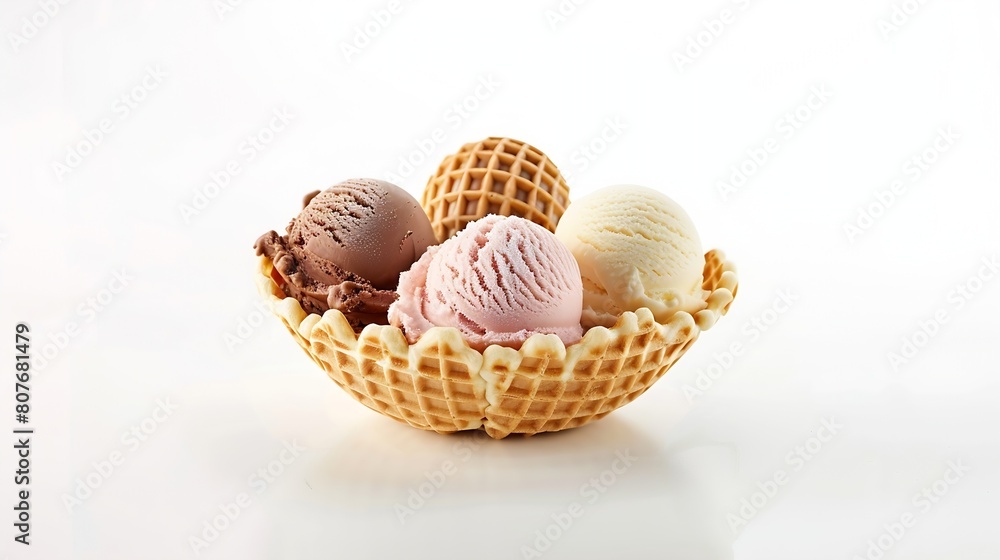 Poster Different sorts of Ice Cream in a waffles isolated on white background : Generative AI