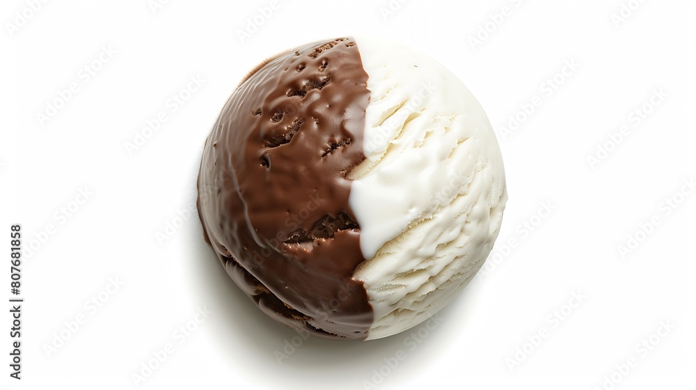 Poster chocolate and vanilla ice cream ball isolated on white background top view : generative ai