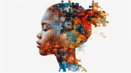 ADHD, attention deficit hyperactivity disorder, autism. Head of a black skin child with puzzle pieces. World autism awareness day concept. - Powered by Adobe