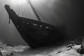 A solitary shipwreck resting on the ocean floor, its silent halls now home to a myriad of marine creatures, a haunting testament to the power, Generative AI
