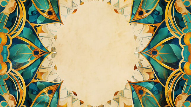 An abstract pattern inspired by Egyptian art, featuring gold and turquoise motifs with a central blank area for text