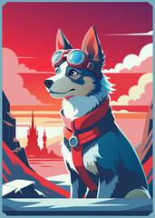 A highly stylized and vibrant digital illustration features a dog, likely a terrier breed, wearing an aviator's helmet and goggles, depicted with bold outlines and a playful, artistic flair on 