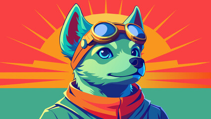 A highly stylized and vibrant digital illustration features a dog, likely a terrier breed, wearing an aviator's helmet and goggles, depicted with bold outlines and a playful, artistic flair on 