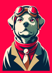 A highly stylized and vibrant digital illustration features a dog, likely a terrier breed, wearing an aviator's helmet and goggles, depicted with bold outlines and a playful, artistic flair on 
