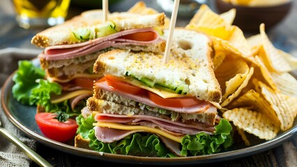 Savor the Flavor: Club Sandwich with Ham, Cheese, Tomatoes, Lettuce, and Chips on a Plate. Concept Food Photography, Club Sandwich, Ham, Cheese, Tomatoes, Lettuce, Chips