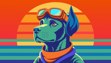 A highly stylized and vibrant digital illustration features a dog, likely a terrier breed, wearing an aviator's helmet and goggles, depicted with bold outlines and a playful, artistic flair on 
