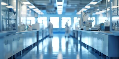 Fototapeta premium Modern Laboratory Interior with Scientists Working in a Bright, Spacious Setting