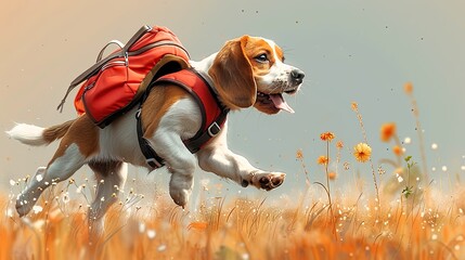 An animated beagle, adorned with a bright red backpack, happily gallops through a field of green grass and wildflowers. Holidays and travel with animals