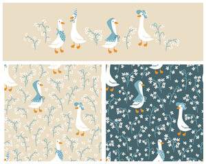 Goose vector collection seamless pattern. Cute cartoon characters between blooming meadow flowers in funny clothes in simple hand-drawn style. The limited vintage palette is perfect for baby prints © Світлана Харчук
