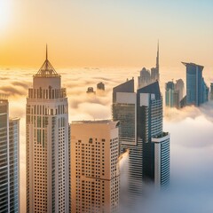 Downtown Dubai with skyscrapers submerged in think fog. Picture taken from unique view. Tall...