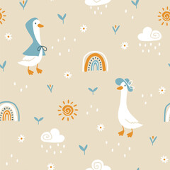 Goose vector seamless pattern. Cute cartoon characters in the rain with the rainbow and the sun in funny clothes in simple hand-drawn style. The limited vintage palette is perfect for baby prints.