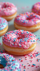 Close-up colorful donuts background. Concept of sugar food and unhealthy lifestyle.