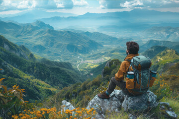 Solo traveler on a hilltop, gazing down at a lush mountain valley with blue sky above. AI generated.