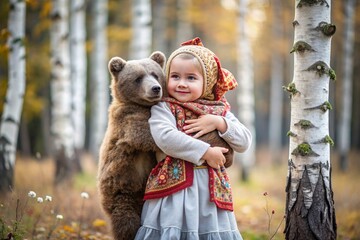A beautiful little girl in Russian folk clothes and a headscarf in a birch grove with a live bear. Russian folklore, Slavic mythologies. Russian fairy tales.