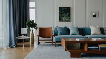 Fototapeta premium Cozy Living Room with Earthy Neutral Tones Modern Decor and Natural Light, beige and dark atmosphere