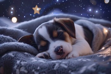 Puppy sleeping in a blanket. Blurred background with lights.