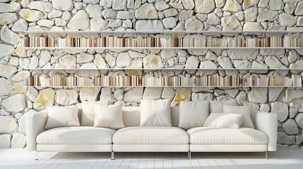 copy space, stockphoto, White sofa against stone wall with wooden book shelves, design of modern living room. Modern interior design, new interior trends. Luxury living room.