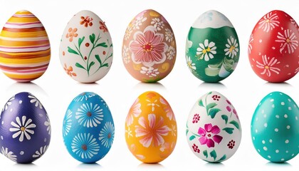 Collection of colourful hand painted decorated easter eggs on white background 
