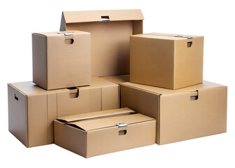pile of cardboard boxes on transparent background