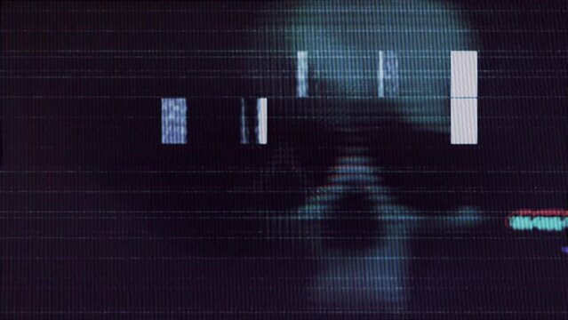 Television display with blue human skull, glitch and static effects, chromatic aberration, light effects and sudden scary motion.