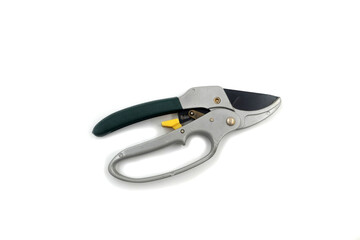 Steel gardening secateurs, scissor tools for plant pruning and flower garden work, isolated on white background.